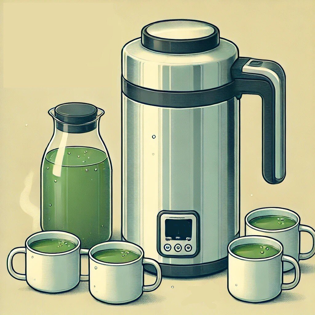 DALL·E 2024-07-12 11.23.36 - Illustration of a 68oz hot water carafe which is a stainless steel vacuum thermal pot. Beside the pot, there are 5 white, no-handle cups filled with g