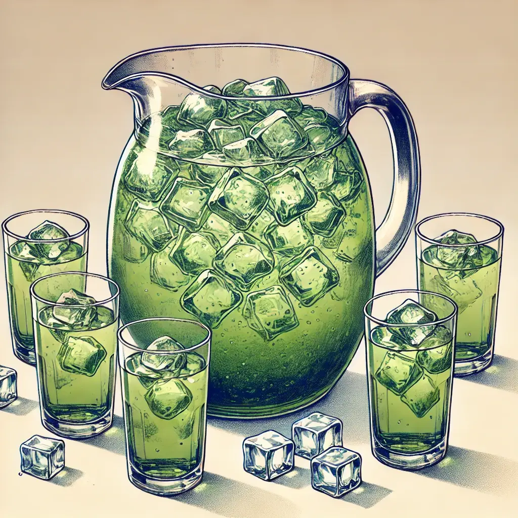 DALL·E 2024-07-12 11.49.55 - A large glass water pitcher filled with iced green tea, sized at 68oz, with a few ice cubes. Beside the pitcher are five glasses, also filled with ice